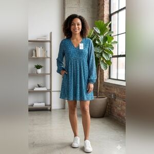 Time and Tru Boho Cottagecore Teal Ditsy Floral Peasant Balloon Sleeve Dress